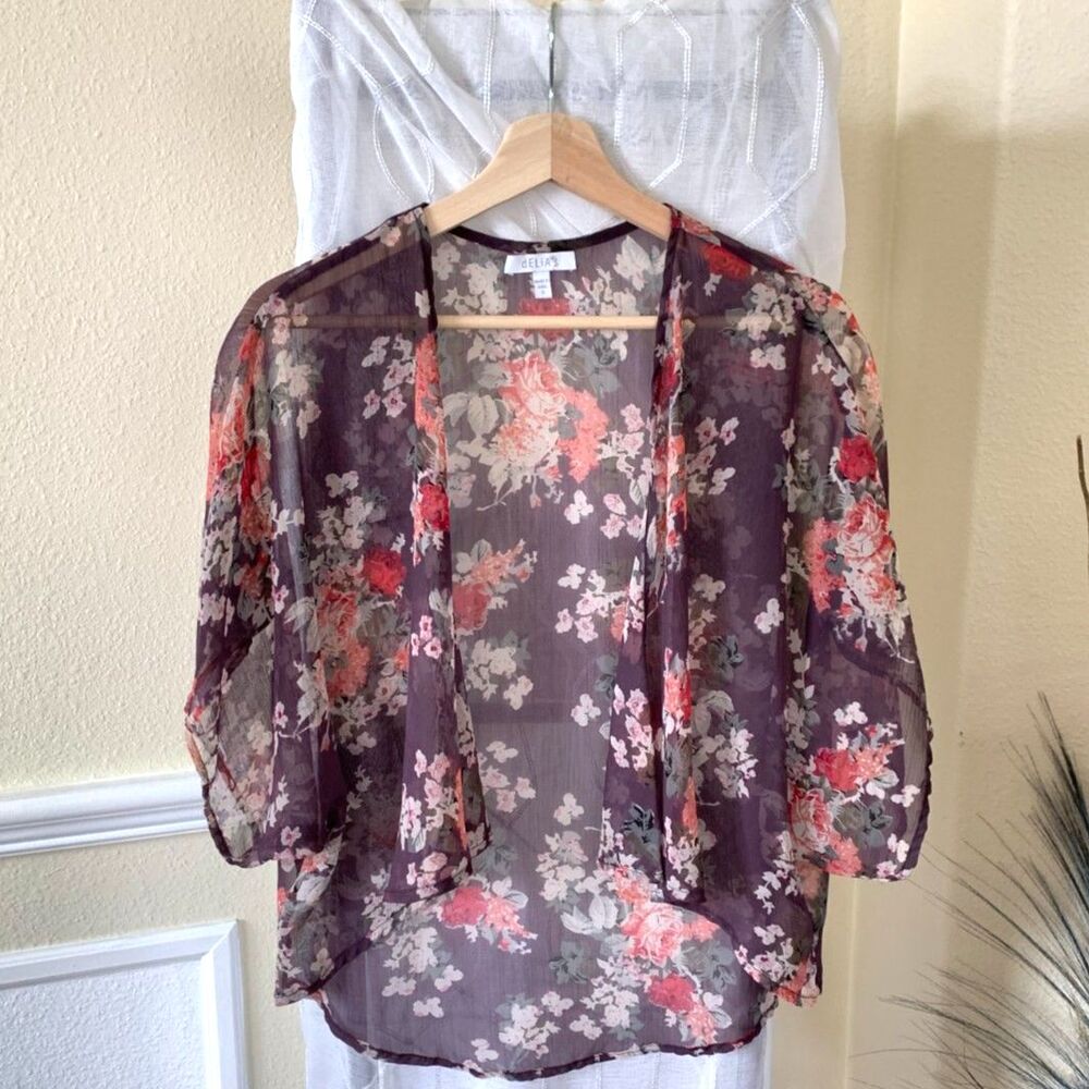 Romantic Sheer Floral Kimono Cardigan Over Sized Burgundy Shrug